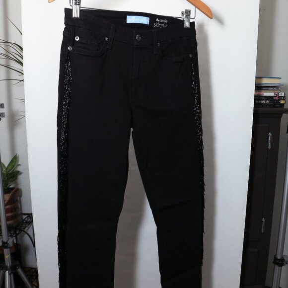 7 for all humankind black ankle skinny jeans with beaded fringe down the leg - Picture 4 of 16